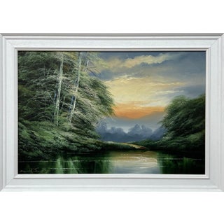 Green Water in the Lake District of England with Lush Trees by British Artist 1976 For Sale