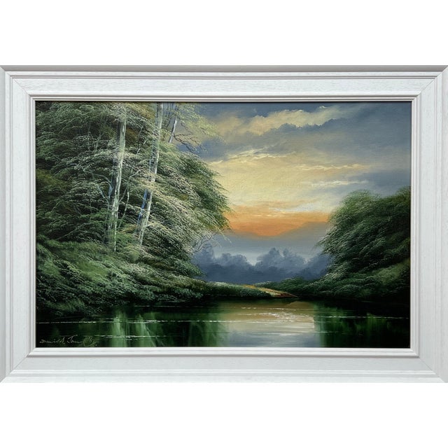Green Water in the Lake District of England with Lush Trees by British Artist 1976 For Sale