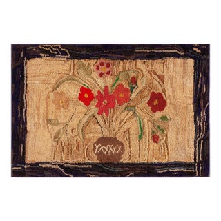 1890s Tan Camel Folk Art Rustic Antique American Hooked Rug 2'3" X 4'6" Hand Knotted Wool Carpet For Sale