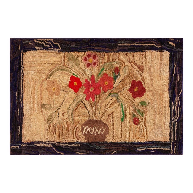 1890s Tan Camel Folk Art Rustic Antique American Hooked Rug 2'3" X 4'6" Hand Knotted Wool Carpet For Sale