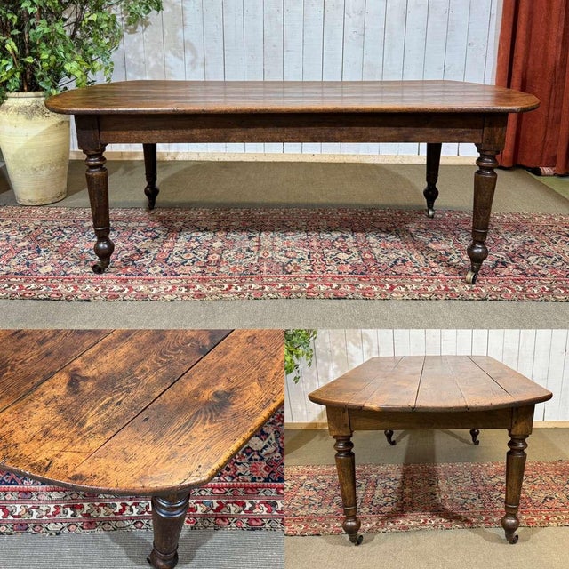 19th-century farmhouse table, fir top and poplar base - base on casters - L=2.20m W=1m H=77cm H under the apron 61.5cm