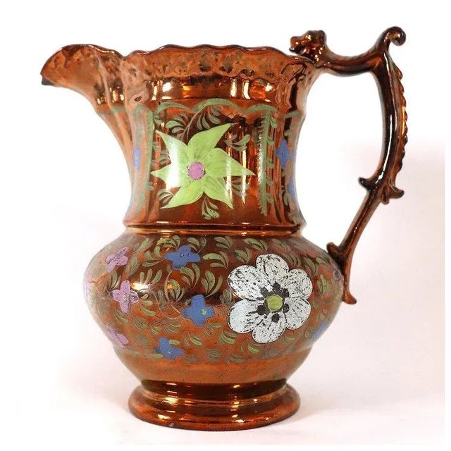 English Staffordshire Enamelled Copper Luster Dog-Handle Pitcher For Sale - Image 10 of 13