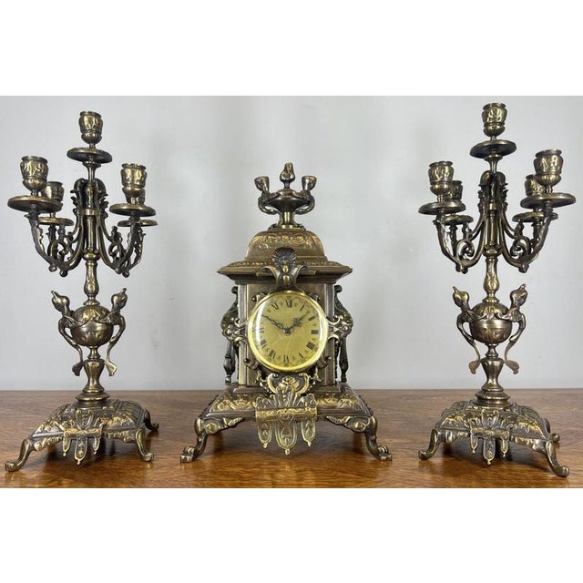 Vintage French Mantel Clock Garniture with Candelabras, Set of 3 For Sale - Image 18 of 18
