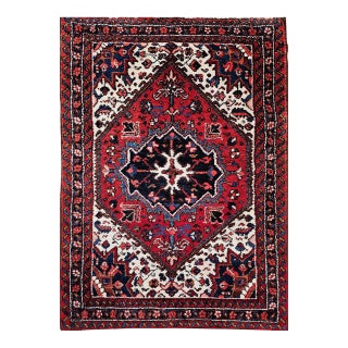 Vintage Persian Heriz Rug, Hand-Knotted Wool, Geometric Medallion Pattern, Red & Ivory, 3x5 For Sale