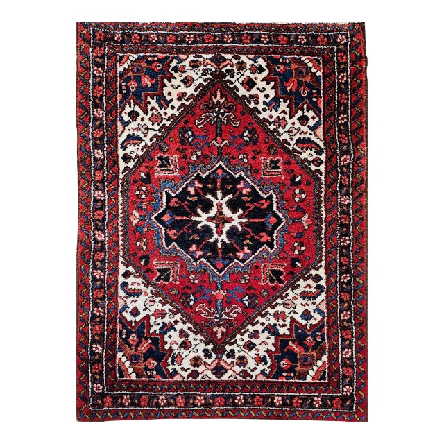 Vintage Persian Heriz Rug, Hand-Knotted Wool, Geometric Medallion Pattern, Red & Ivory, 3x5 For Sale