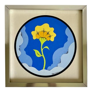 Vintage Framed Original Acrylic Drawing "Flower" by Potier With Certificate For Sale