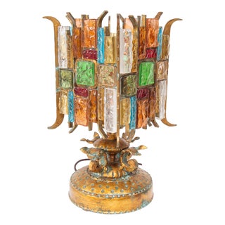 Table Lamp in Wrought Iron and Hammered Murano Glass by Longobard, 1980s For Sale