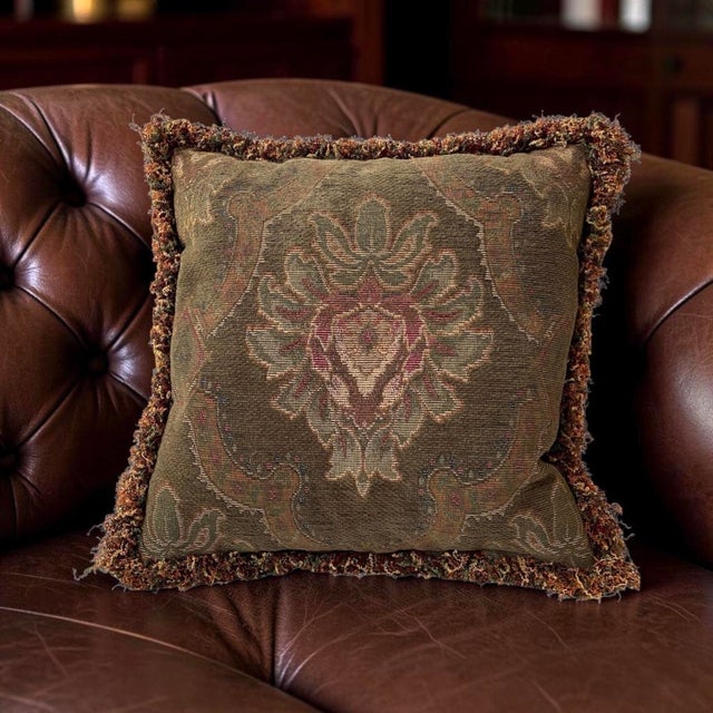 Five 18"x18" Tapestry Pillows with multi-colored moss fringe that closely matches the colors in the tapestry. The down...