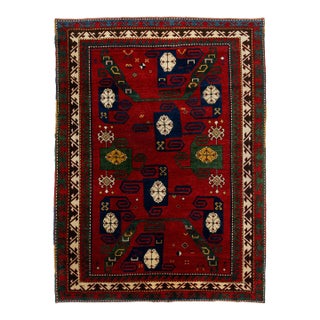 Vintage Caucasian Kazak Handmade Wool Rug in Red With Geometric Design For Sale