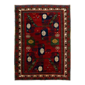 Vintage Caucasian Kazak Handmade Wool Rug in Red With Geometric Design