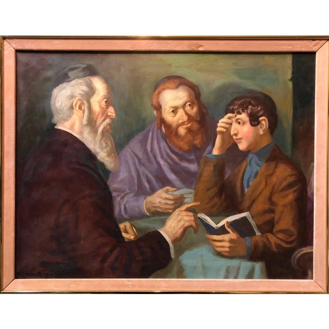 Hand signed lower left Oil on canvas A Bar Mitzvah boy Yeshiva Cheder test Rare Pre World War II (Pre Holocaust) Judaica...