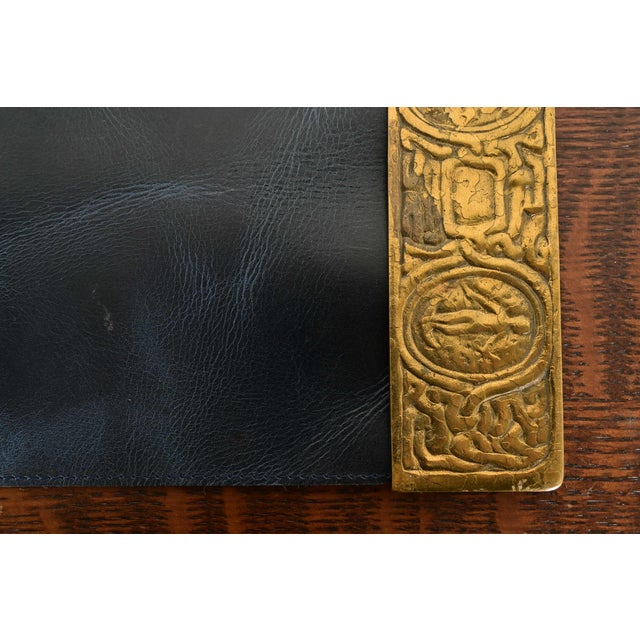 Metal Tiffany Studios New York Zodiac Bronze Doré Blotter Ends With Leather Desk Blotter For Sale - Image 7 of 11