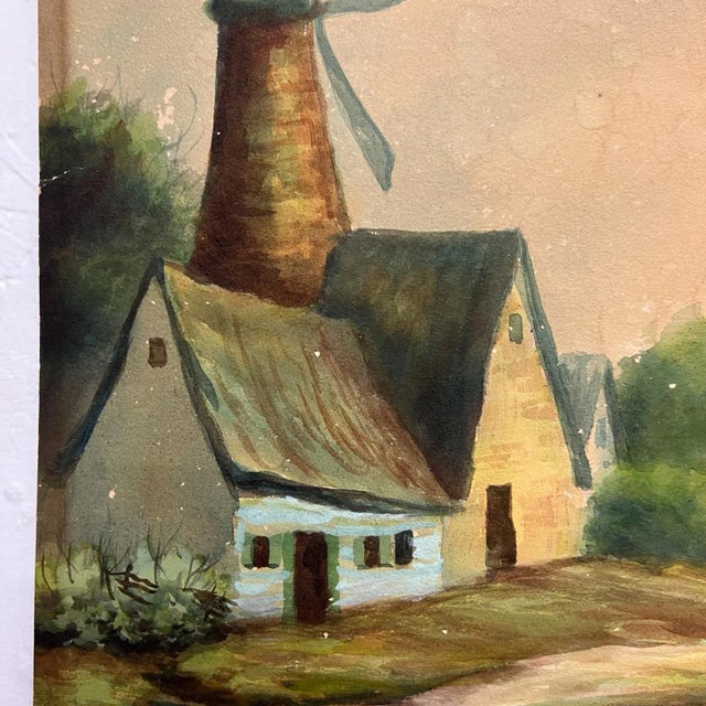 Mid-Century Modern Vintage Art Watercolor Scenic Holland Countryside Windmill Lake & Boat For Sale - Image 3 of 12
