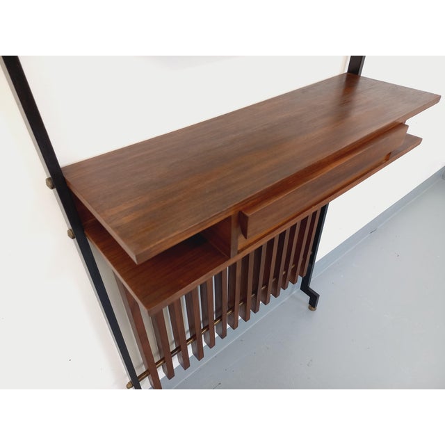 Mid-Century Italian Hall Cabinet in Teak and Metal with Mirror, Shelves and Drawer, 1950s-1960s For Sale - Image 6 of 16