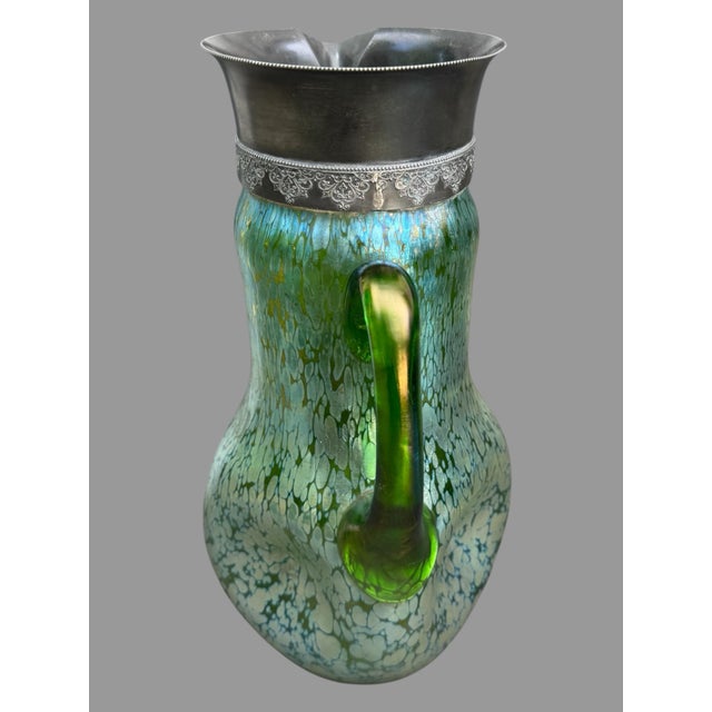 Early 20th Century Vintage Loetz Style Iridized Oil Spot 12" Art Glass Pitcher Silver Plated Rim For Sale - Image 5 of 9