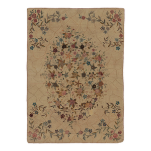 Antique Hooked Rug in Beige With Ornate Floral Bouquet in Multicolor - Rug & Kilim