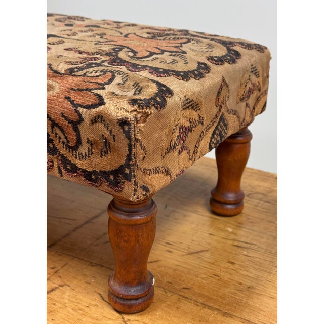 Antique Floral Upholstered Footstool W/ Turned Wood Legs For Sale - Image 10 of 11