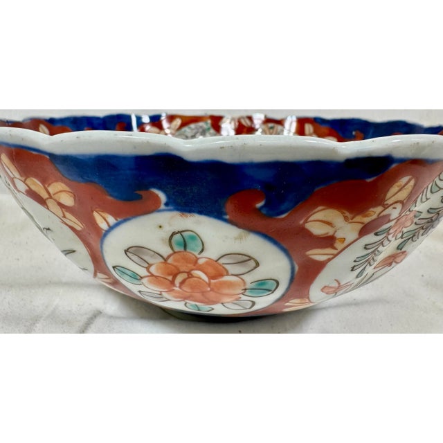 Red Vintage Scalloped Edge Imari Bowl Decorated With Colorful Floral Patterns & Butterflies From Japan - Circa 1940 For Sale - Image 8 of 12