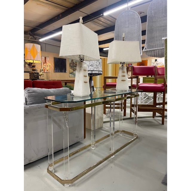 Glass Vintage Charles Hollis Jones Style Clear Acrylic and Brass Console Table For Sale - Image 7 of 12
