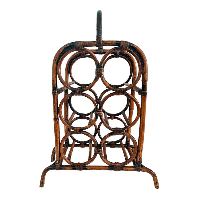 Vintage Boho Chic Scorched Tortoise Bamboo 6 Bottle Wine Holder For Sale