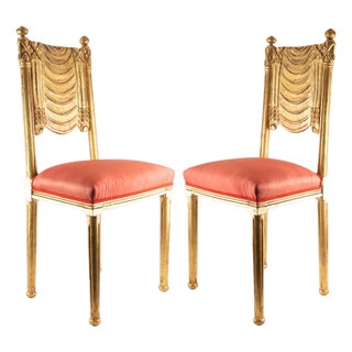 Pair of French Art Deco Gilt Chairs with Red Silk Upholstery For Sale