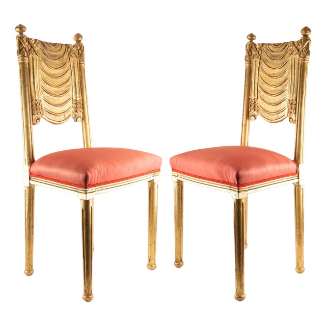 Pair of French Art Deco Gilt Chairs with Red Silk Upholstery For Sale