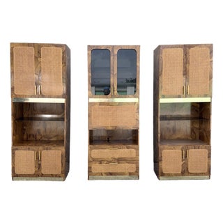 Mid Century Modern Burlwood Laminate and Cane Etageres/Wall Unit - Three Pieces For Sale