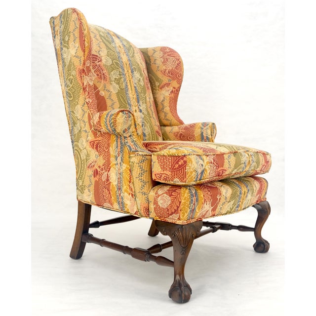 Chippendale Large Fancy Floral Pattern Uphlstry Fine Carved Ball & Claw Feet Wing Chair MINT For Sale - Image 3 of 13