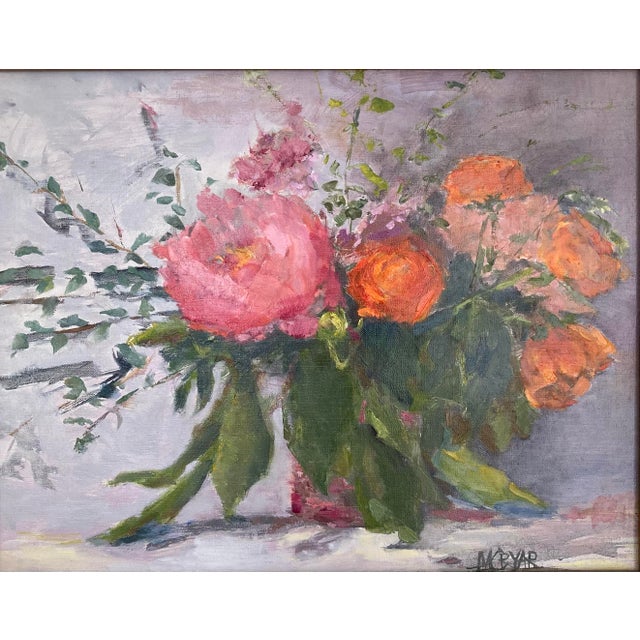 Contemporary floral oil on linen in gilded custom frame