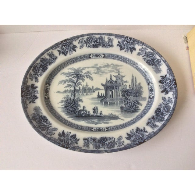 Beautiful antique blue and white platter with Pagoda and figures. By Doulton England Marcus.