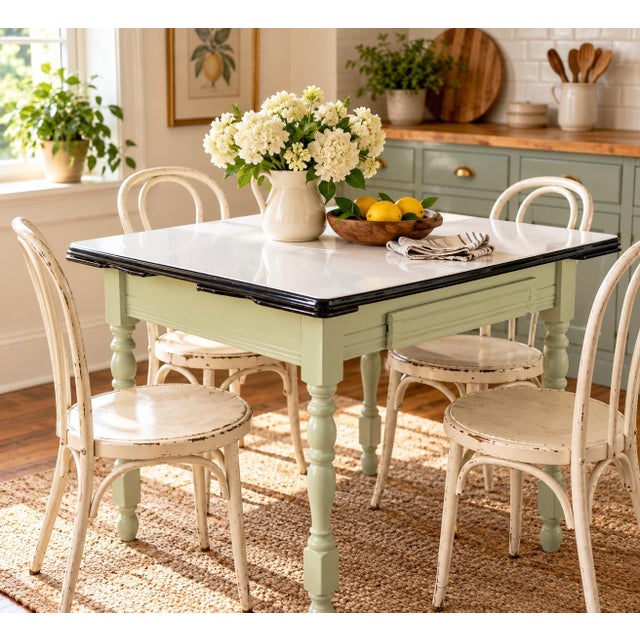 Farmhouse Vintage Porcelain Enamel Kitchen Table Pull Out Leaves Sage Green 40-62" For Sale - Image 3 of 10
