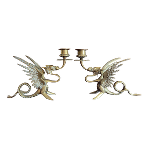 Antique Gilded Bronze Phoenix Dragon Candlestick Holders- a Pair