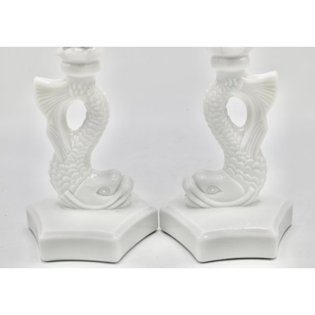 Vintage Coastal White Milk Glass Dolphin Form Candlesticks For Sale - Image 10 of 10
