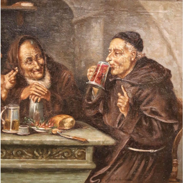 Gold 19th C. French “Monks Drinking” Oil on Board Painting in Carved Gilt Frame For Sale - Image 8 of 10