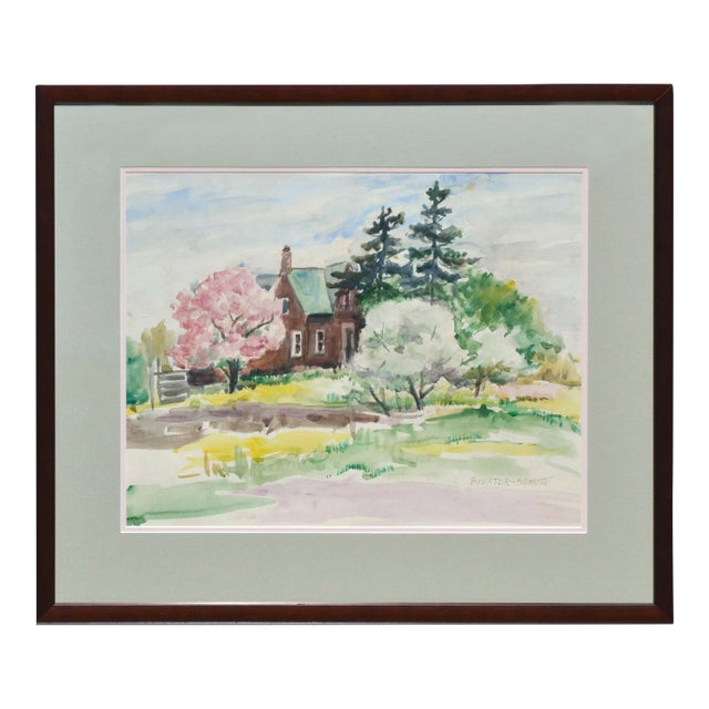 Rural, Victorian Brick House - Mid Century Spring Landscape by Dorothy Violet Bywater-Schust For Sale