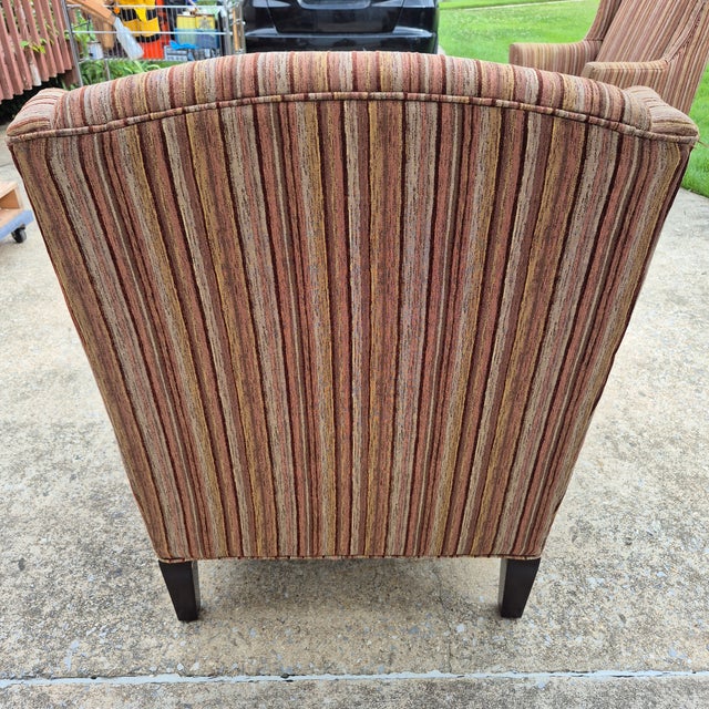 Wood 2010 Stratford Caye Transitional Striped Cocoa Brown Wingback Arm Chair For Sale - Image 7 of 13