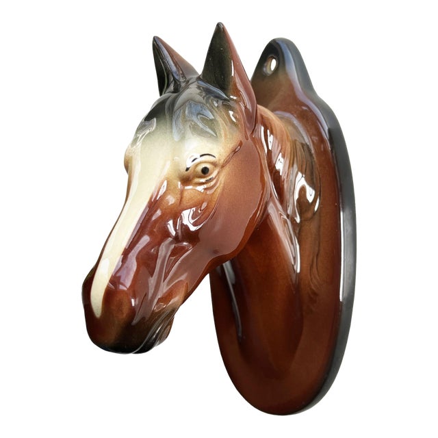 Vintage Glazed Ceramic Horse Head Wall Vase, Equestrian Hanging Planter For Sale