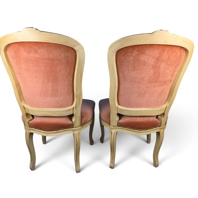French Provincial Vintage Pair of French Provincial Louis XV Style Blush Pink Velvet Accent Chairs For Sale - Image 3 of 7