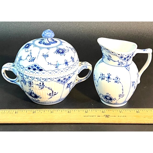 Royal Blue Vintage MCM Royal Copenhagen Blue Fluted Half Lace Porcelain Sugar Pot Creamer Set For Sale - Image 8 of 8