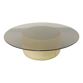 Vintage Round Coffee Table in Glass with Leather and Metal, 1970s For Sale