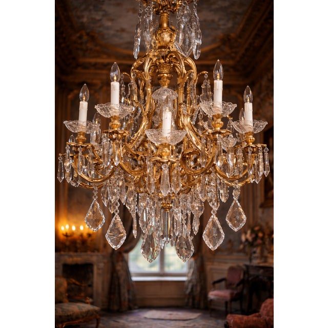French Mid 20c French Artisan Louis XVI Gilt Bronze Chandelier For Sale - Image 3 of 15