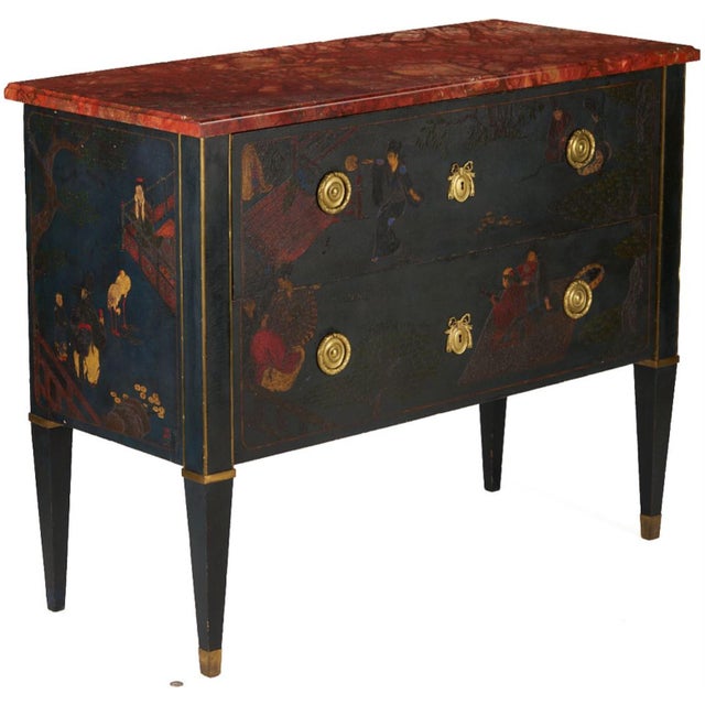 Signed French Louis XVI style Chinoiserie-decorated commode, atelier Marcel Mathelin, Paris, with blue/black lacquer...