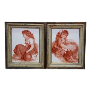 Antique 19th Century Victorian Monochrome Peasant Girls Framed Tiles 18" - Set of 2 For Sale
