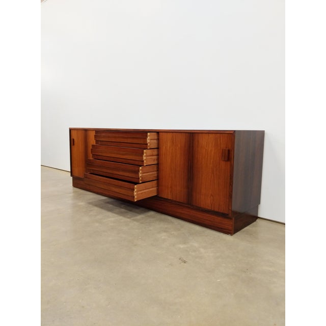 Authentic vintage Danish mid century modern teak credenza / sideboard / media console. By DR / Viby J. Maker's label on...