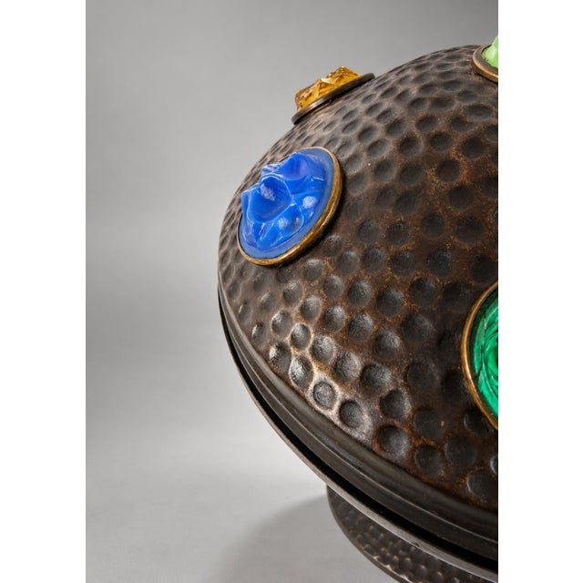 Art Nouveau Table Lamp in Metal with Multicolored Glass Cabochons, 1890s For Sale - Image 3 of 6