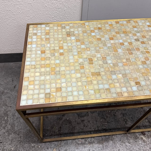Union-Made Mosaic Tile Top Brass-Tone Console Table, Vintage For Sale - Image 12 of 12