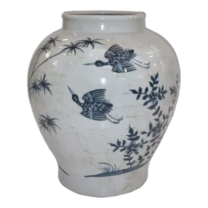 Large Asian Style Blue and White Glaze Crane Motif Porcelain Jar