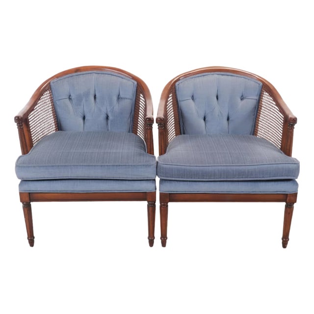 1990s Cane and Upholstered Club Accent Barrel Chairs a Pair For Sale