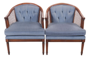 1990s Cane and Upholstered Club Accent Barrel Chairs a Pair