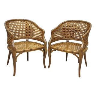Vintage Hollywood Regency Faux Bamboo Wood & Cane Barrel Back Lounge Chair, Pair For Sale